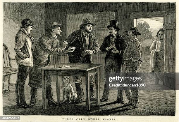 three card monte - california 1876 - cheating man stock illustrations