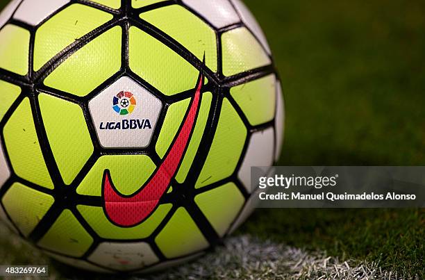 The official match ball is seen during a Pre Season Friendly match between Levante UD and Villarreal CF at Ciutat de Valencia Stadium on August 6,...