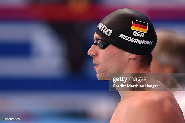 Paul Biedermann of Germany looks on in the Men's 4x200m Freestyle Relay heats on day fourteen of the 16th FINA World Championships at the Kazan Arena...