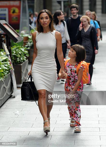 Myleene Klass and her daughter Ava arrive for her Smooth FM Radio show on August 7, 2015 in London, England.