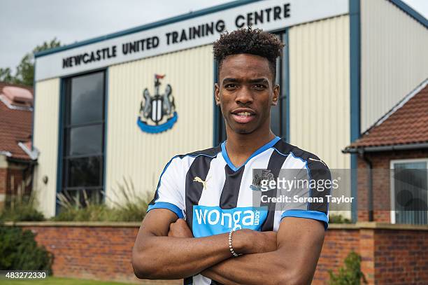 New Signing Ivan Toney poses for photos during a photocall at The Newcastle United Training Centre on August 5 in Newcastle upon Tyne, England.