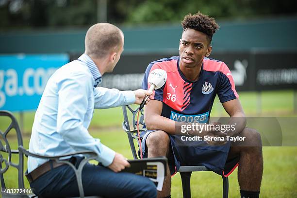 New Signing Ivan Toney speaks with NUFCTV Digital Editor Dan King during a photocall at The Newcastle United Training Centre on August 5 in Newcastle...
