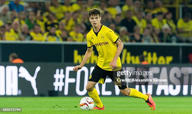 Julian Weigl of Borussia Dortmund runs with the ball during the UEFA Europa League: Third Qualifying Round 2nd Leg match between Borussia Dortmund...