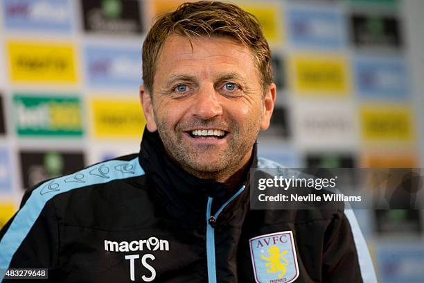 Tim Sherwood manager of Aston Villa talks to the press during a press conference at the club's training ground at Bodymoor Heath on August 07, 2015...