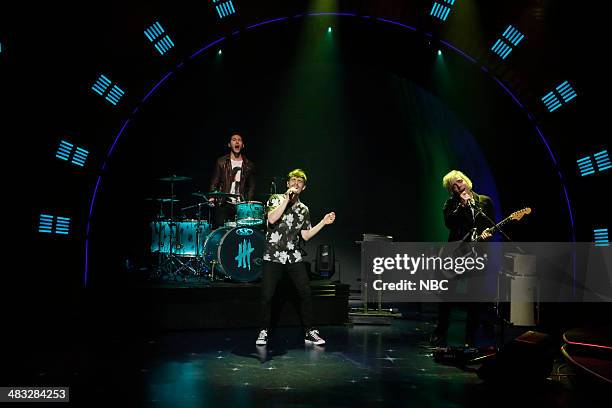 Episode 0029 -- Pictured: Louis Vecchio, David Boyd and S?ren Hansen of musical guest New Politics perform of musical guest New Politics on April 7,...