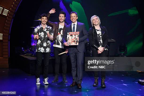 Episode 0029 -- Pictured: Louis Vecchio, David Boyd and S?ren Hansen of musical guest New Politics with host Seth Meyers on April 7, 2014 --