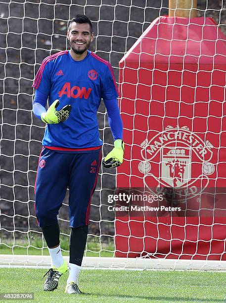 Sergio Romero of Manchester United in action during a first team training session at Aon Training Complex on August 5, 2015 in Manchester, England.