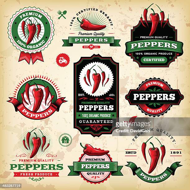 vintage-pfeffer label - green chili pepper stock-grafiken, -clipart, -cartoons und -symbole
