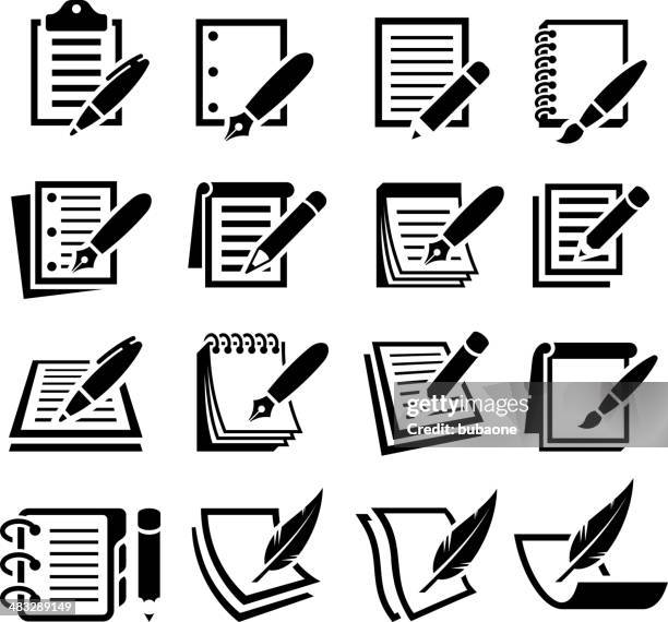 notizbuch und stift & schwarz-weiß vektor icon-set - diary stock-grafiken, -clipart, -cartoons und -symbole