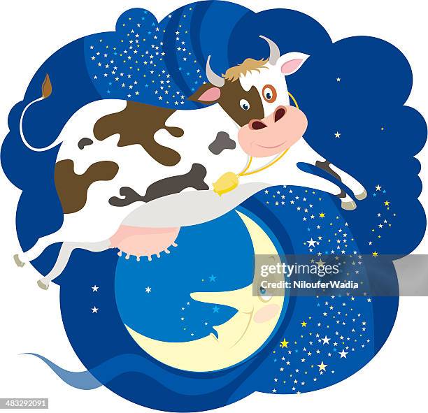 the cow jumped over moon - nursery rhyme stock illustrations