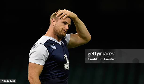 Ireland captain Jamie Heaslip reacts during Ireland's captains run prior to saturday's Rugby World Cup warm up match against Wales at Millenium...