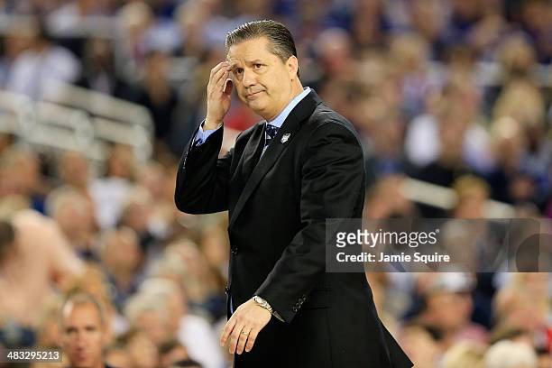 Head coach John Calipari of the Kentucky Wildcats reacts during the NCAA Men's Final Four Championship against the Connecticut Huskies at AT&T...