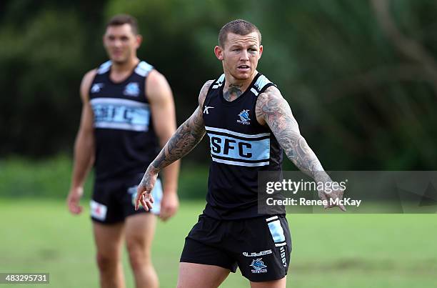 Todd Carney directs play during a Cronulla Sharks NRL training session at Sharks Stadium on April 8, 2014 in Sydney, Australia.