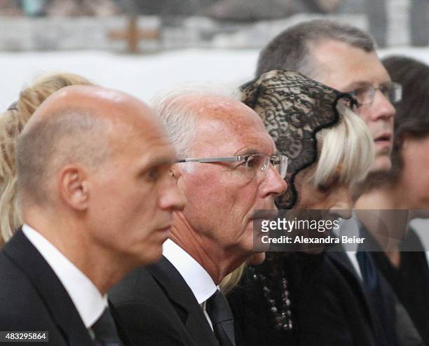 Thomas Beckenbauer, Franz Beckenbauer, Brigitte Beckenbauer and Michael Beckenbauer attend a memorial service for recently-deceased Stephan...