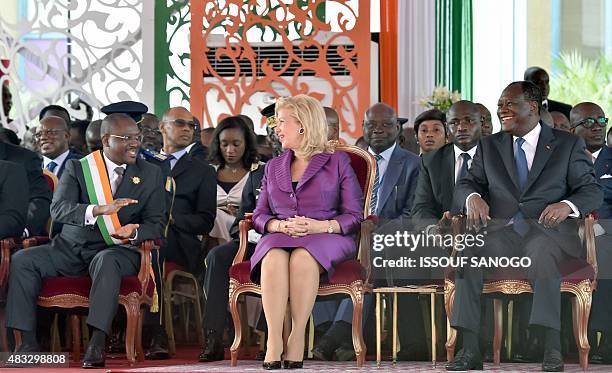 Ivory Coast President Alassane Ouattara , first lady Dominique Outtara and Ivory Coast National Assembly President Guillaume Soro attend celebrations...