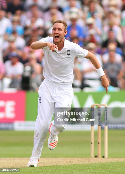 Stuart Broad of England celebrates taking the wicket of Steven Smith of Australia during day two of the 4th Investec Ashes Test match between England...