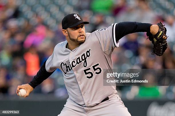 Starting pitcher Felipe Paulino of the Chicago White Sox delivers to home plate during the second inning against the Chicago White Sox at Coors Field...