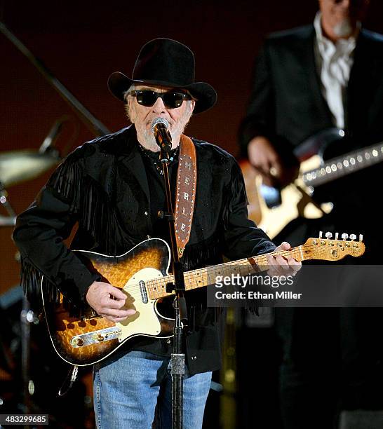 Musician Merle Haggard performs onstage during ACM Presents: An All-Star Salute To The Troops at the MGM Grand Garden Arena on April 7, 2014 in Las...