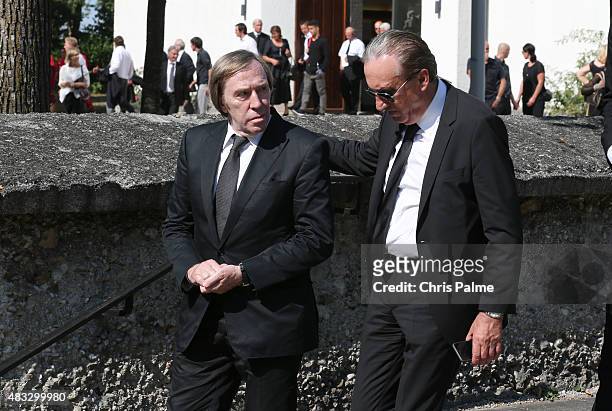Guenther Netzer, Alfred Draxler during the memorial service for Stephan Beckenbauer at church 'St. Heilige Familie' on August 7, 2015 in Munich,...