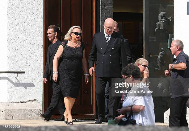 Alois Hartl and his wife Gabriele Hartl during the memorial service for Stephan Beckenbauer at church 'St. Heilige Familie' on August 7, 2015 in...