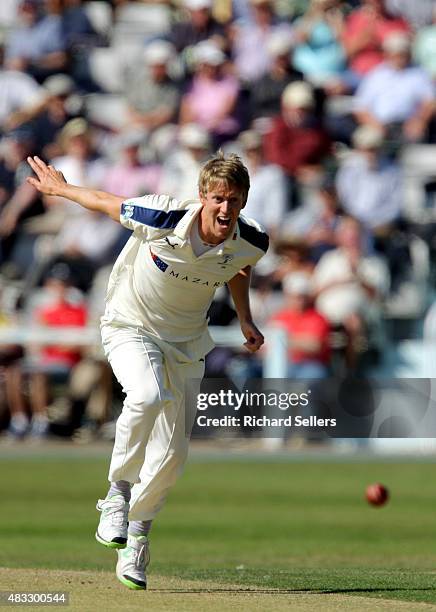 Yorkshire's Steven Patterson bowling during day one of the LV County Championship division one match between Yorkshire and Durham at North Marine...