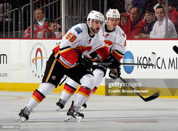 Ben Hanowski of the Calgary Flames skates against the New Jersey Devils at the Prudential Center on April 7, 2014 in Newark, New Jersey. The Flames...