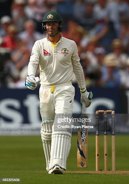 Michael Clarke of Australia looks dejected after being dismissed by Mark Wood of England during day two of the 4th Investec Ashes Test match between...