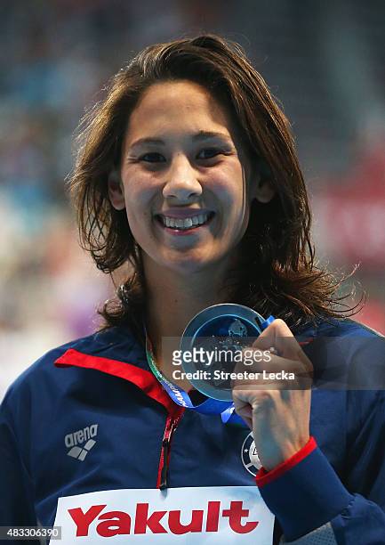 Silver medalist Micah Lawrence of the United States poses during the medal ceremony for the Women's 200m Breaststroke on day fourteen of the 16th...