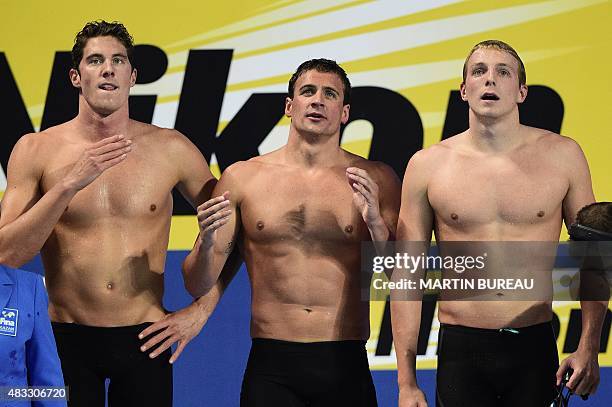 Team USA competes in the final of the men's 4x200m freestyle relay swimming event at the 2015 FINA World Championships in Kazan on August 7, 2015. US...