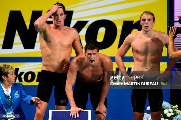 Team USA competes in the final of the men's 4x200m freestyle relay swimming event at the 2015 FINA World Championships in Kazan on August 7, 2015. US...