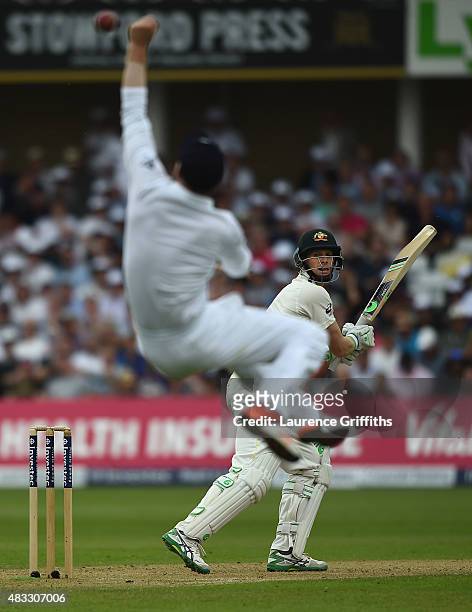 Adam Lyth of England dives to try and catch a chance from Adam Voges of Australia during day two of the 4th Investec Ashes Test match between England...