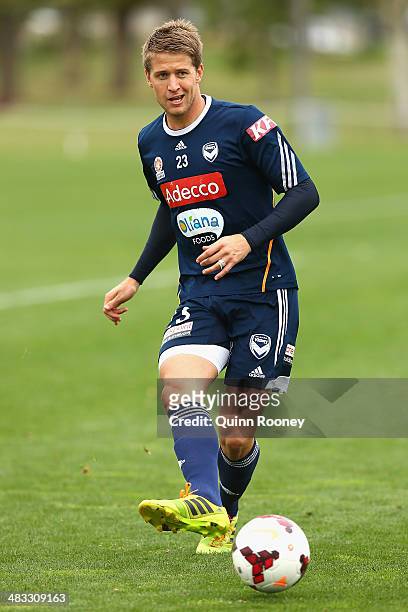 Adrian Leijer of the Victory kicks during a Melbourne Victory A-League training session at Gosch's Paddock on April 8, 2014 in Melbourne, Australia.