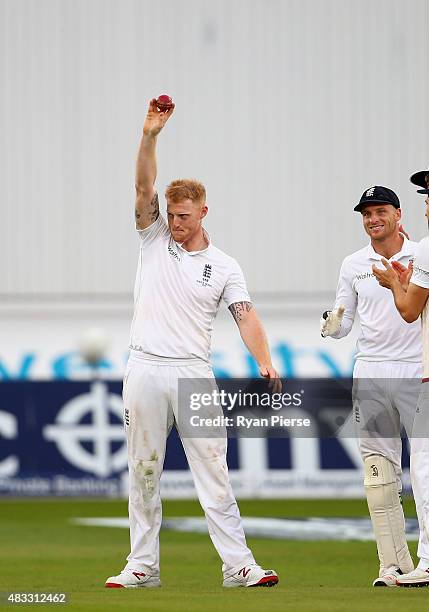 Ben Stokes of England holds the ball aloft after claiming his fifth wicket during day two of the 4th Investec Ashes Test match between England and...