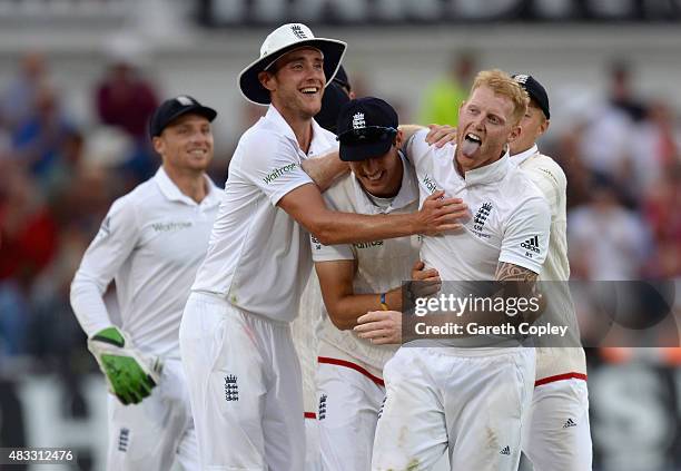 Ben Stokes of England celebrates with teammates after dismissing Mitchell Johnson of Australia during day two of the 4th Investec Ashes Test match...