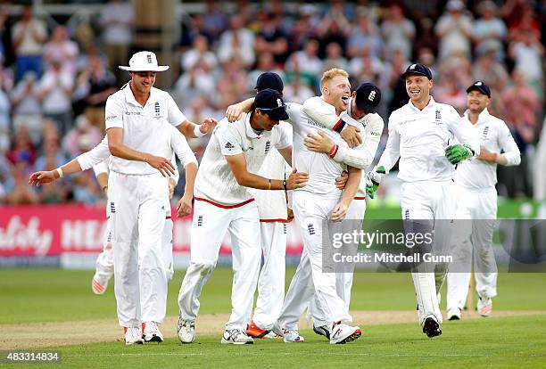 Ben Stokes of England celebrates taking the wicket of Mitchell Johnson of Australia during day two of the 4th Investec Ashes Test match between...