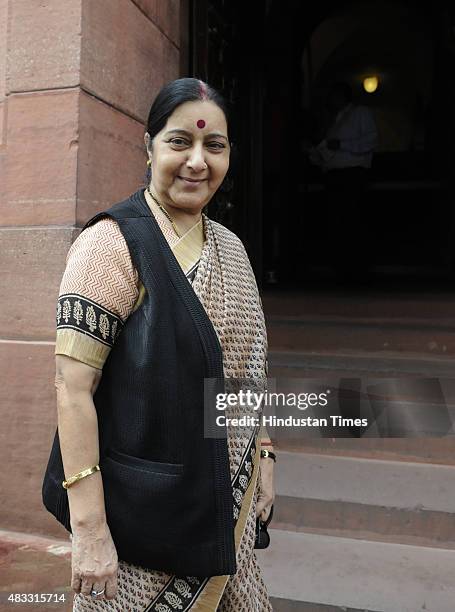 External Affairs Minister Sushma Swaraj arrives to attend the Monsoon Session at Parliament House on August 7, 2015 in New Delhi, India. The...