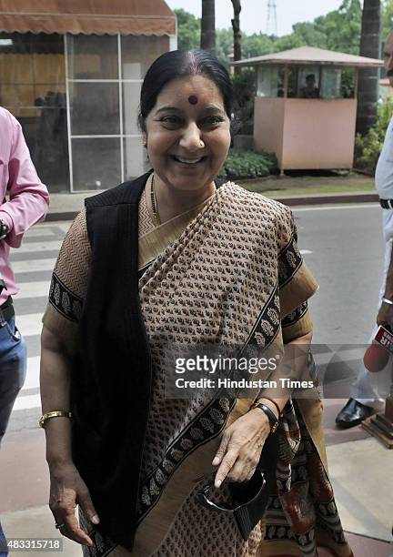 External Affairs Minister Sushma Swaraj arrives to attend the Monsoon Session at Parliament House on August 7, 2015 in New Delhi, India. The...