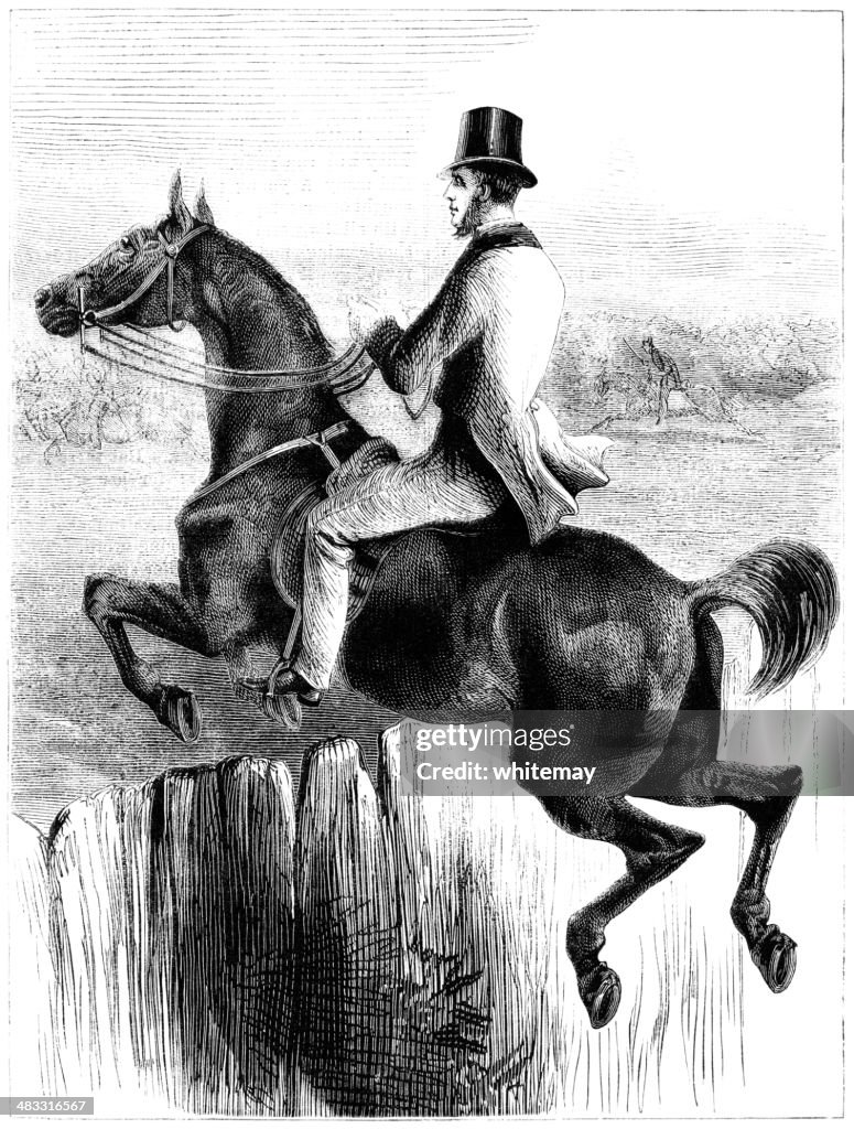 Victorian illustration of man and horse jumping a fence