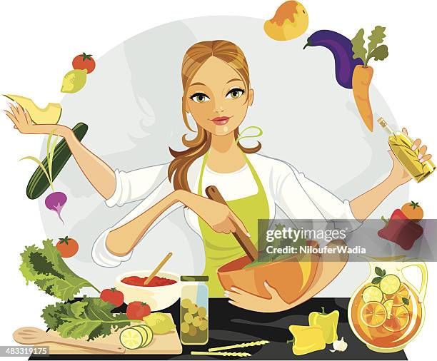 healthy food choices - woman juggling stock illustrations