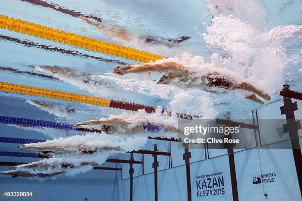 Yasuhiro Koseki of Japan starts the Men's 200m Breaststroke Final on day fourteen of the 16th FINA World Championships at the Kazan Arena on August...