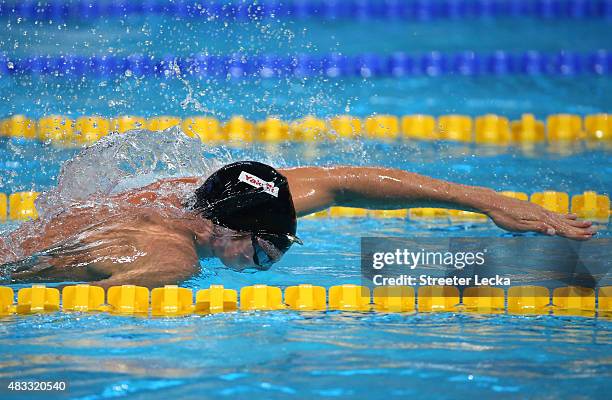 Conor Dwyer of the United States competes on his to the silver medal in the Men's 4x200m Freestyle Relay final on day fourteen of the 16th FINA World...