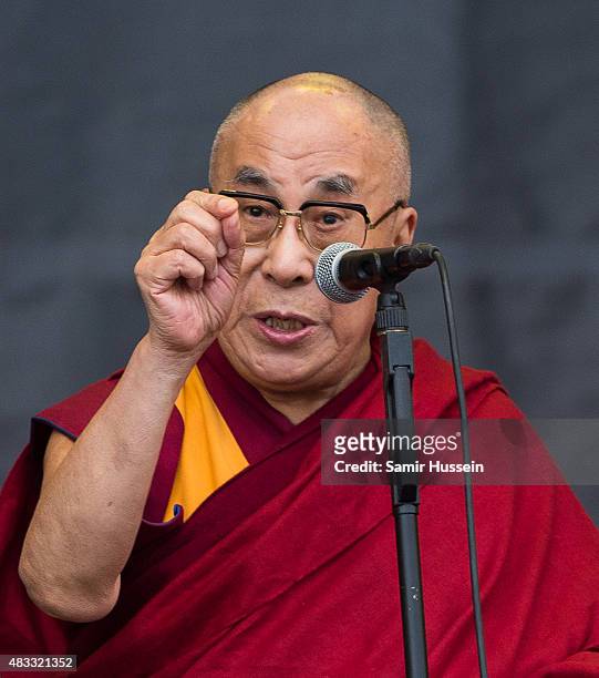 The Dalai Lama appears on The Pyramid Stage at the Glastonbury Festival at Worthy Farm, Pilton on June 28, 2015 in Glastonbury, England.