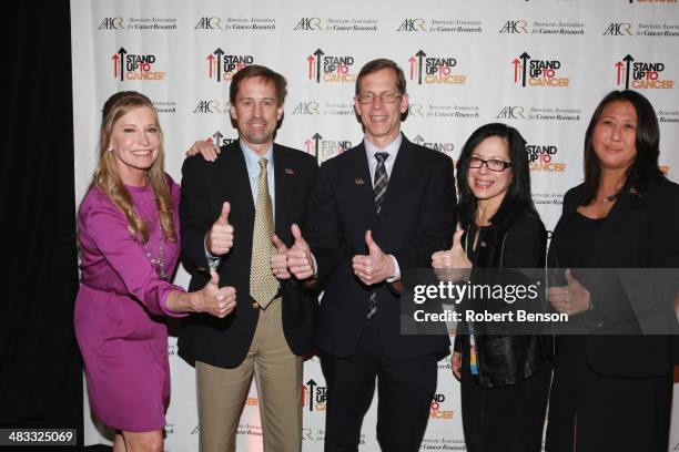 Lisa Niemi Swayze , Dr. David Tuveson, Dr. Robert Vonderheide, Dr. Elizabeth Jaffee and Dr. Sung Poblete attend the Stand Up to Cancer press event at...