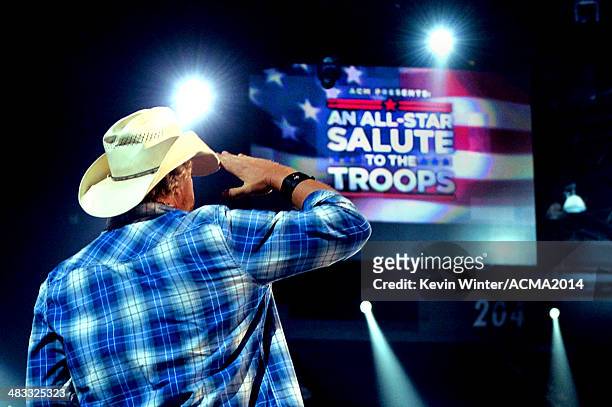 Musician Toby Keith accepts USO award onstage during ACM Presents: An All-Star Salute To The Troops at the MGM Grand Garden Arena on April 7, 2014 in...