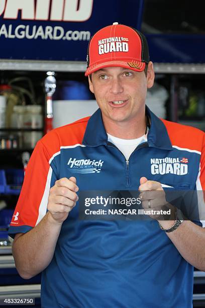 Steve Letarte, crew chief for the National Guard Chevy SS driven by Dale Earnhardt Jr., poses for a photo in the garage area during practice for the...