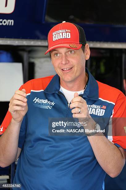 Steve Letarte, crew chief for the National Guard Chevy SS driven by Dale Earnhardt Jr., poses for a photo in the garage area during practice for the...