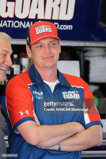 Steve Letarte, crew chief for the National Guard Chevy SS driven by Dale Earnhardt Jr., poses for a photo in the garage area during practice for the...