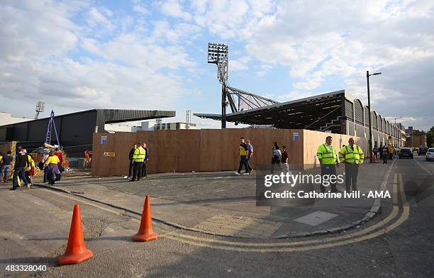 Building work continues before the pre-season friendly between Watford and Seville at Vicarage Road on July 31, 2015 in Watford, England.