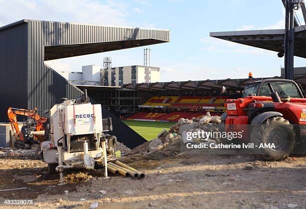 Building work continues before the pre-season friendly between Watford and Seville at Vicarage Road on July 31, 2015 in Watford, England.