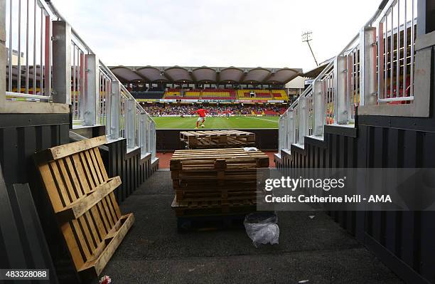 Pallets sit by the pitch as building work continues before the pre-season friendly between Watford and Seville at Vicarage Road on July 31, 2015 in...